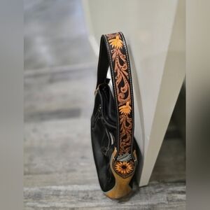 Woman's Black/Brown Leather- Like Purse With Flowers On Handles, Size 21x12x5